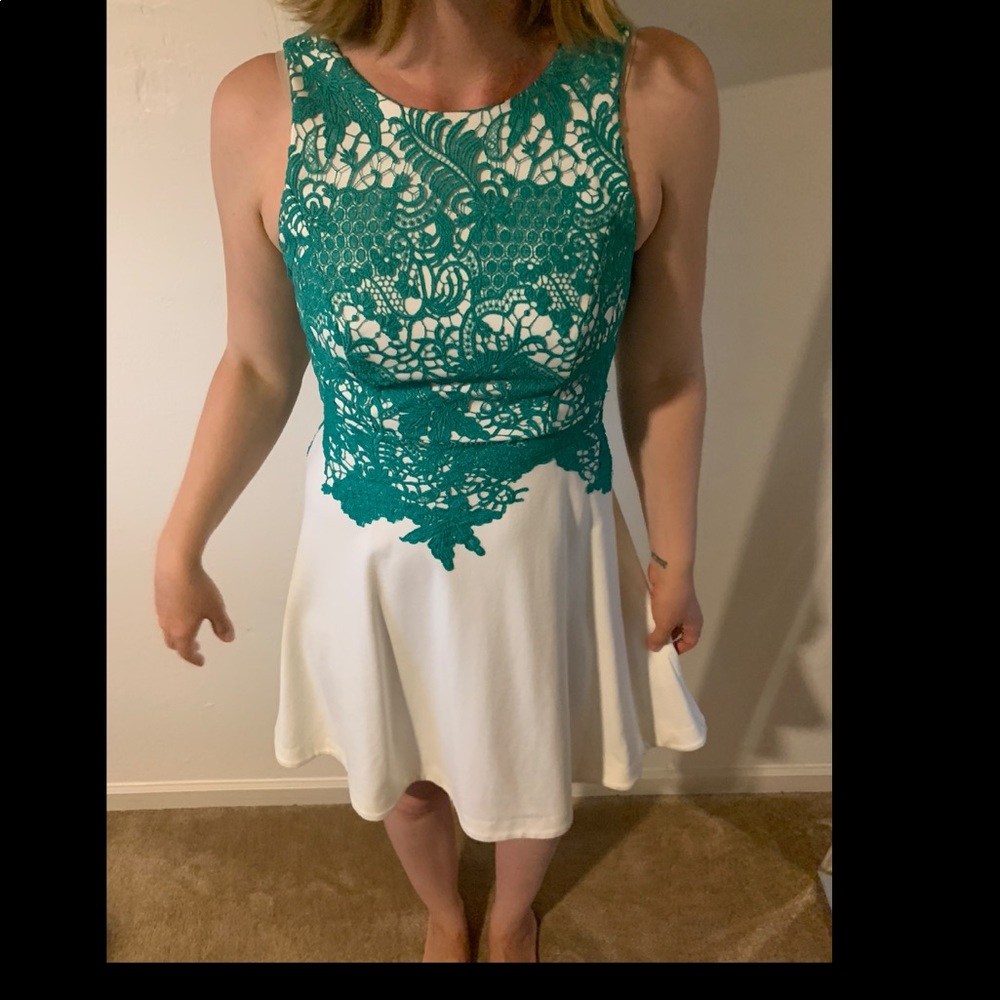 Beautiful white and teal lace dress